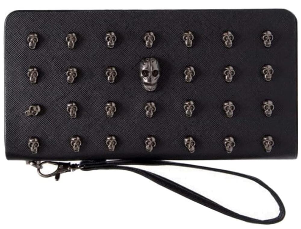 Black Skull Stud Wristlet Wallet Gothic Punk Faux Leather Clutch New